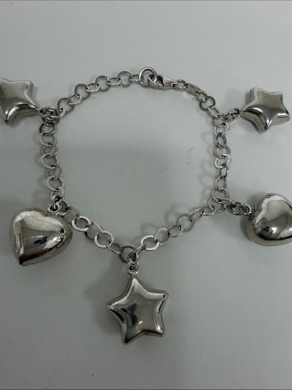 Sterling Silver Silver Heart & Star Charm Bracelet - Women's Jewelry